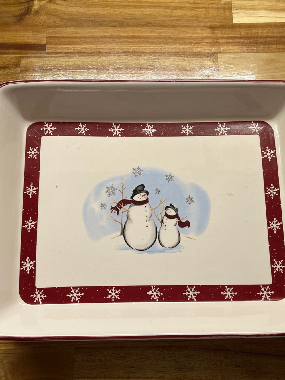 Festive Snowman Ceramic Baking Dish - Red and White